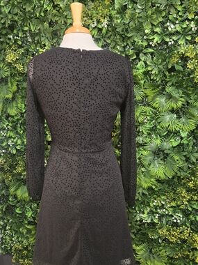 LOFT Black Long-Sleeve Dot-Texture A-Line Dress